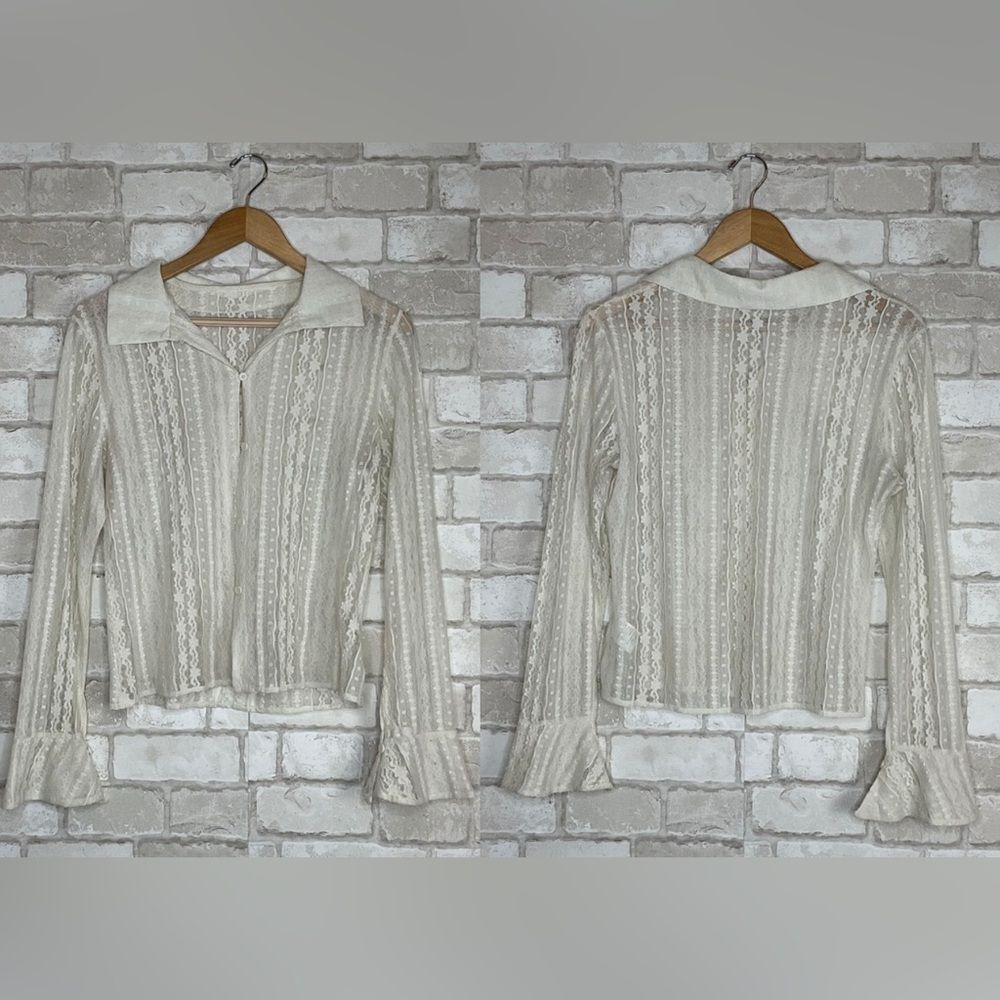 Commense Vintage Ivory Lace Button Up Long Sleeve Blouse Size XL